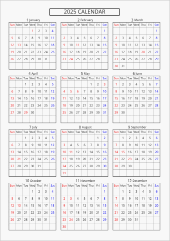 2025年 年間カレンダー 標準 枠あり 曜日(英語)