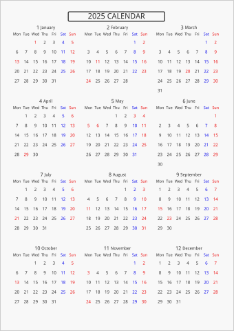 2025年 年間カレンダー 標準 枠なし 月曜始まり 曜日(英語)