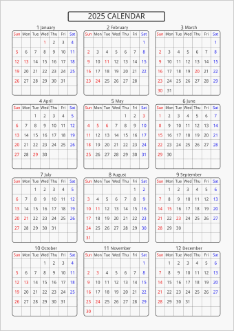 2025年 年間カレンダー 標準 角丸枠 曜日(英語)