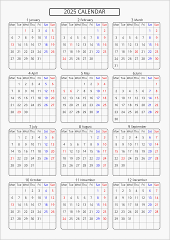 2025年 年間カレンダー 標準 角丸枠 月曜始まり 曜日(英語)