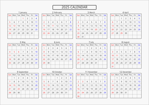 2025年 年間カレンダー 標準 横向き 曜日(英語)