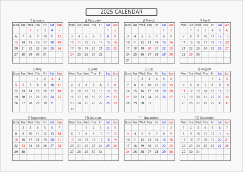 2025年 年間カレンダー 標準 横向き 月曜始まり 曜日(英語)