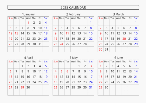 2025年 6ヶ月カレンダー 横向き 曜日(英語)