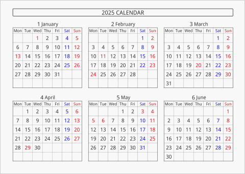 2025年 6ヶ月カレンダー 横向き 月曜始まり 曜日(英語)