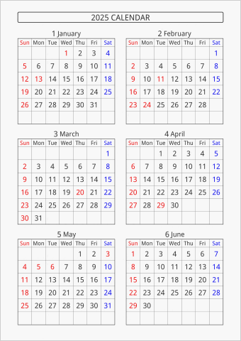 2025年 6ヶ月カレンダー 縦向き 曜日(英語)