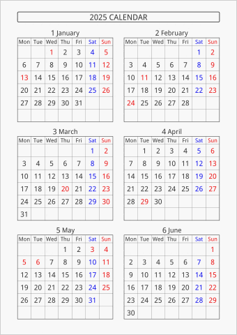 2025年 6ヶ月カレンダー 縦向き 月曜始まり 曜日(英語)