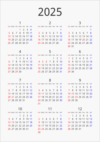 2025年 年間カレンダー シンプル 縦向き 曜日(英語)