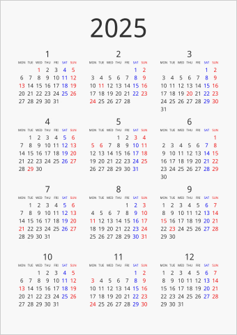 2025年 年間カレンダー シンプル 縦向き 月曜始まり 曜日(英語)