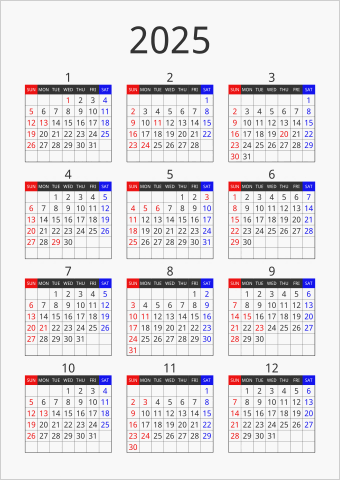2025年 年間カレンダー フォーマル 縦向き 曜日(英語)