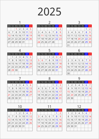 2025年 年間カレンダー フォーマル 縦向き 月曜始まり 曜日(英語)