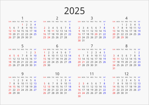 2025年 年間カレンダー シンプル 横向き 曜日(英語)