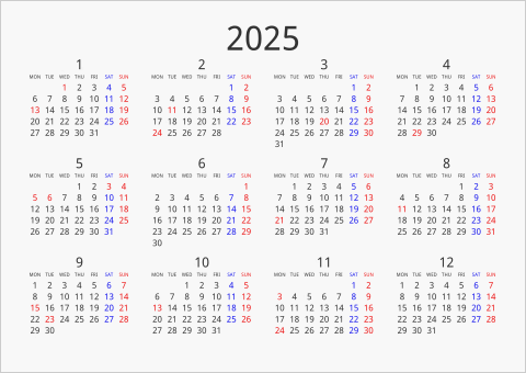 2025年 年間カレンダー シンプル 横向き 月曜始まり 曜日(英語)
