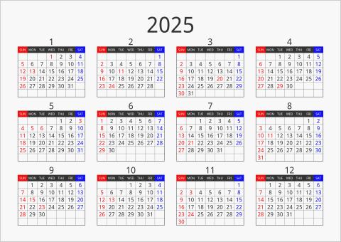 2025年 年間カレンダー フォーマル 横向き 曜日(英語)