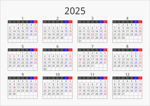 2025年 年間カレンダー フォーマル 横向き 月曜始まり 曜日(英語)