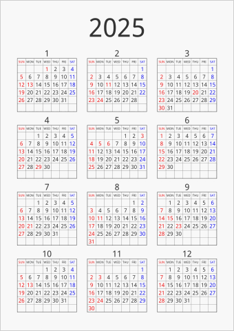 2025年 年間カレンダー シンプル 枠あり 縦向き 曜日(英語)