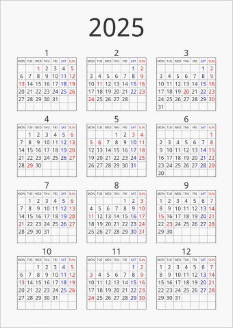 2025年 年間カレンダー シンプル 枠あり 縦向き 月曜始まり 曜日(英語)