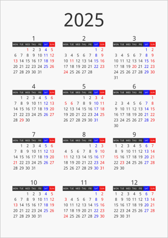 2025年 年間カレンダー フォーマル 枠なし 縦向き 月曜始まり 曜日(英語)