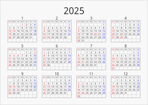 2025年 年間カレンダー シンプル 枠あり 横向き 曜日(英語)