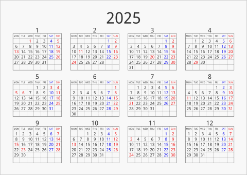 2025年 年間カレンダー シンプル 枠あり 横向き 月曜始まり 曜日(英語)