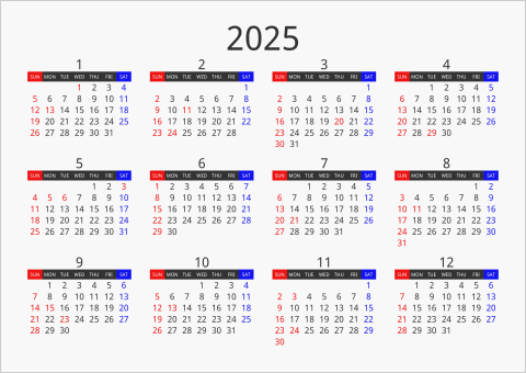 2025年 年間カレンダー フォーマル 枠なし 横向き 曜日(英語)