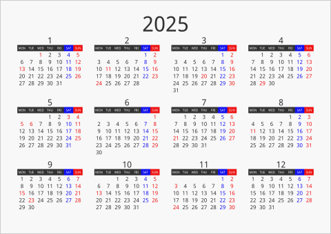 2025年 年間カレンダー フォーマル 枠なし 横向き 月曜始まり 曜日(英語)