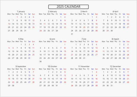 2025年 年間カレンダー 標準 枠なし 横向き 月曜始まり 曜日(英語)