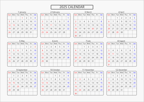 2025年 年間カレンダー 標準 角丸枠 横向き 曜日(英語)