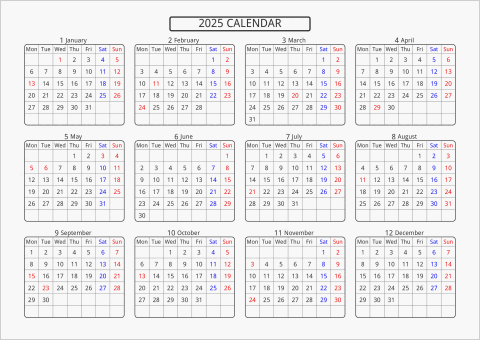 2025年 年間カレンダー 標準 角丸枠 横向き 月曜始まり 曜日(英語)
