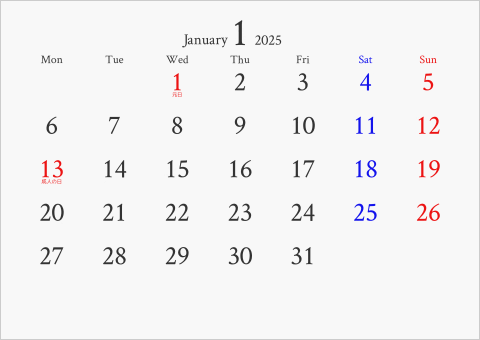 2025年 1ヶ月カレンダー 無地 月曜始まり 曜日(英語)