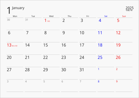 2025年 1ヶ月カレンダー 下線枠 月曜始まり 曜日(英語)