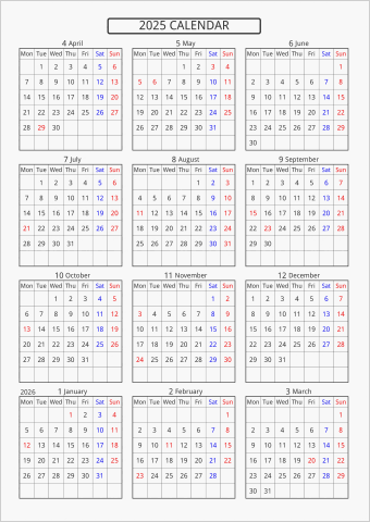 2025年 年間カレンダー 標準 枠あり 4月始まり 月曜始まり 曜日(英語)