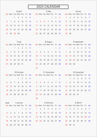 2025年 年間カレンダー 標準 枠なし 4月始まり 曜日(英語)