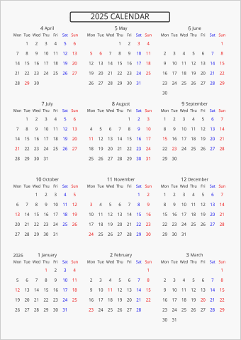 2025年 年間カレンダー 標準 枠なし 4月始まり 月曜始まり 曜日(英語)
