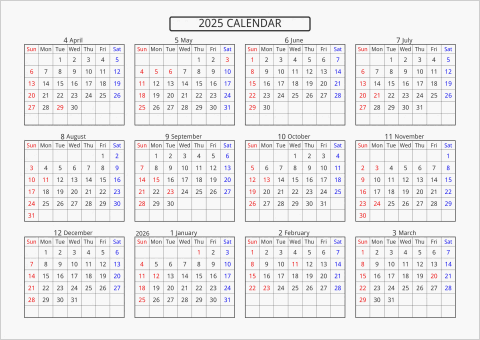 2025年 年間カレンダー 標準 横向き 4月始まり 曜日(英語)