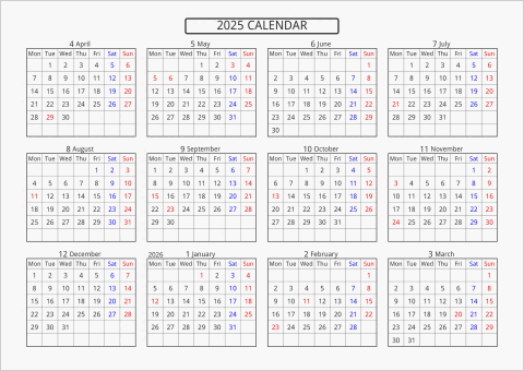 2025年 年間カレンダー 標準 横向き 4月始まり 月曜始まり 曜日(英語)