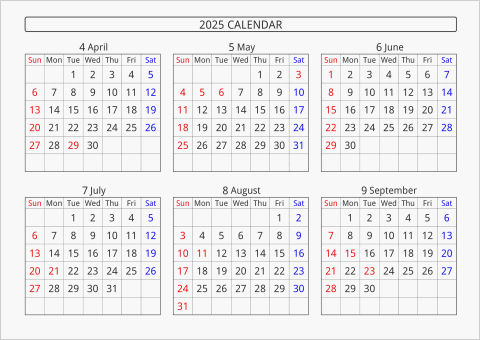 2025年 6ヶ月カレンダー 横向き 4月始まり 曜日(英語)
