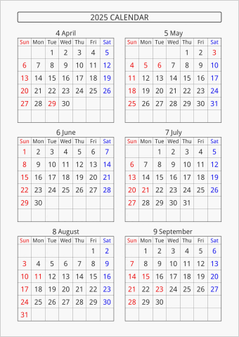 2025年 6ヶ月カレンダー 縦向き 4月始まり 曜日(英語)