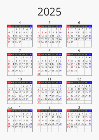 2025年 年間カレンダー フォーマル 縦向き 4月始まり 曜日(英語)
