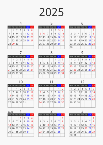 2025年 年間カレンダー フォーマル 縦向き 4月始まり 月曜始まり 曜日(英語)