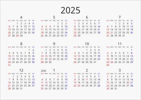 2025年 年間カレンダー シンプル 横向き 4月始まり 曜日(英語)