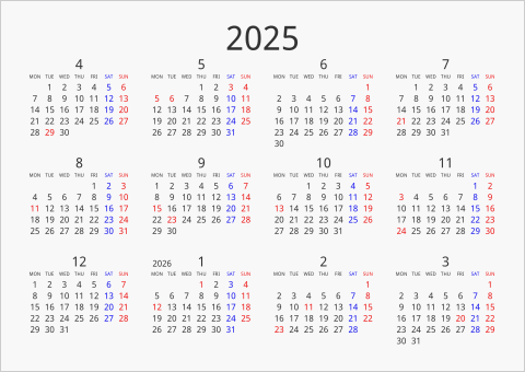 2025年 年間カレンダー シンプル 横向き 4月始まり 月曜始まり 曜日(英語)