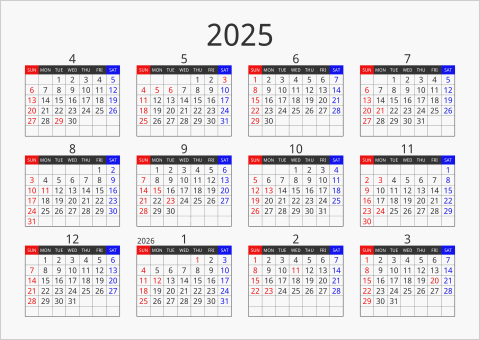 2025年 年間カレンダー フォーマル 横向き 4月始まり 曜日(英語)