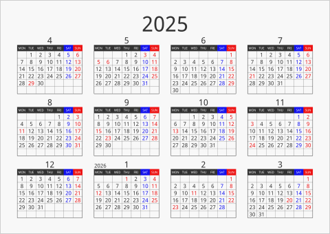 2025年 年間カレンダー フォーマル 横向き 4月始まり 月曜始まり 曜日(英語)