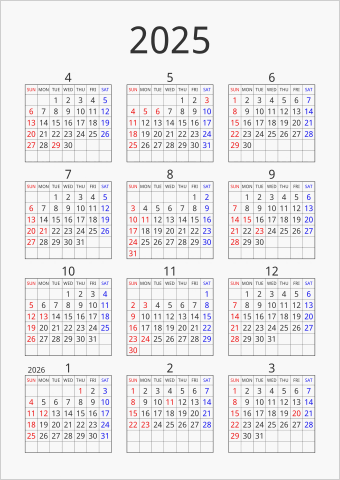 2025年 年間カレンダー シンプル 枠あり 縦向き 4月始まり 曜日(英語)
