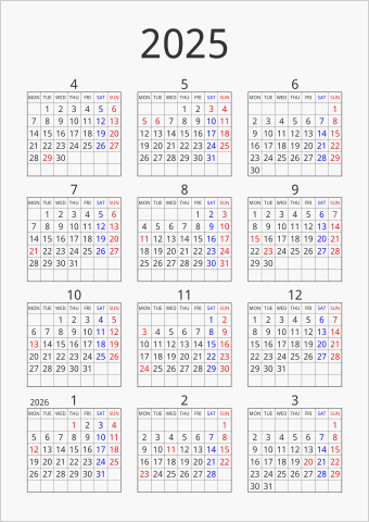 2025年 年間カレンダー シンプル 枠あり 縦向き 4月始まり 月曜始まり 曜日(英語)