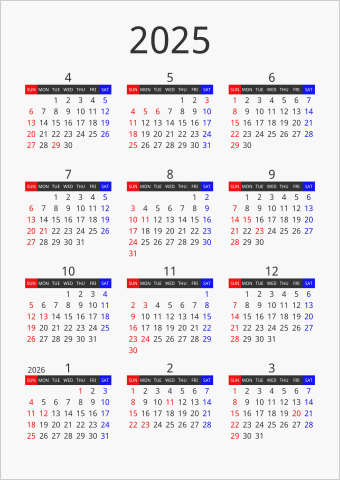 2025年 年間カレンダー フォーマル 枠なし 縦向き 4月始まり 曜日(英語)