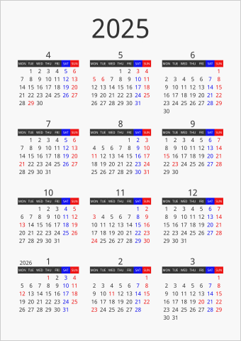 2025年 年間カレンダー フォーマル 枠なし 縦向き 4月始まり 月曜始まり 曜日(英語)