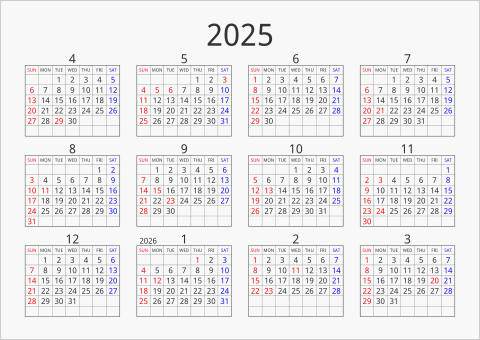 2025年 年間カレンダー シンプル 枠あり 横向き 4月始まり 曜日(英語)