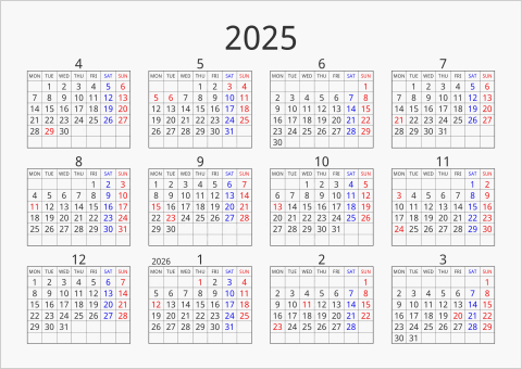 2025年 年間カレンダー シンプル 枠あり 横向き 4月始まり 月曜始まり 曜日(英語)