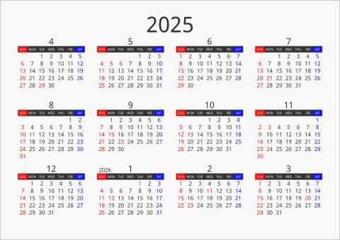 2025年 年間カレンダー フォーマル 枠なし 横向き 4月始まり 曜日(英語)